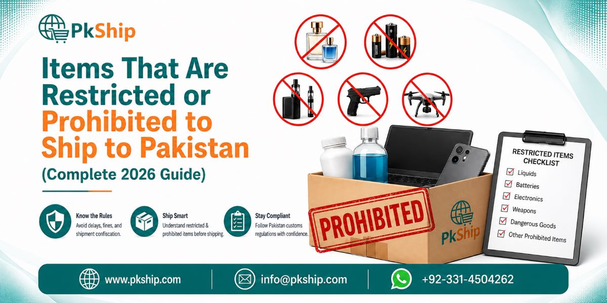 Infographic showing items restricted or prohibited to ship to Pakistan including batteries, liquids, weapons, and electronics with PkShip shipping guide
