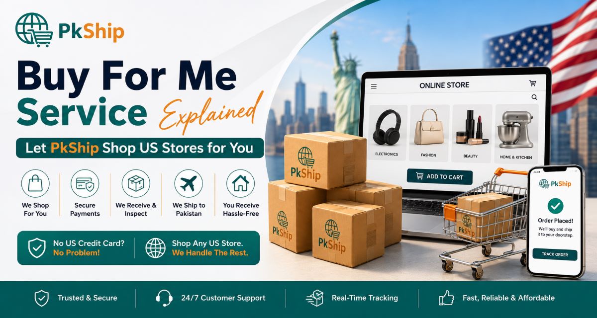 Buy For Me Service Pakistan by PkShip showing how customers can shop from US stores and get products delivered safely to Pakistan