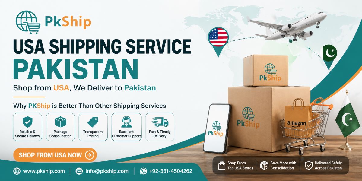 PKShip USA shipping service Pakistan banner showing fast delivery, package consolidation, secure shipping, and customer support for shopping from the USA to Pakistan.